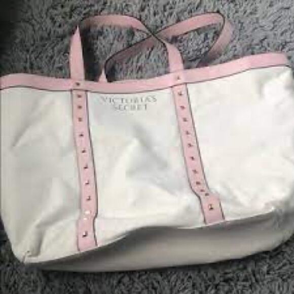 Victoria’s Secret Off White Canvas Tote with Pink Trim & Gold Studs.  Preowned. - Picture 3 of 4